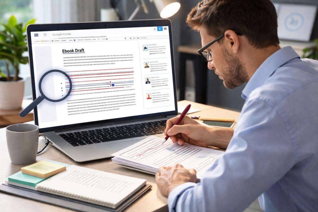 Professional marketer proofreading ebook google docs photorealistic 16